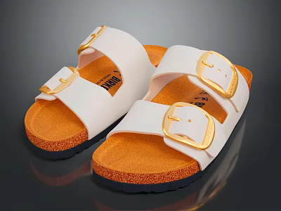 White Upper Double Strap Slippers With Golden Buckles And Orange Cork Sole For Daily Use 3d model