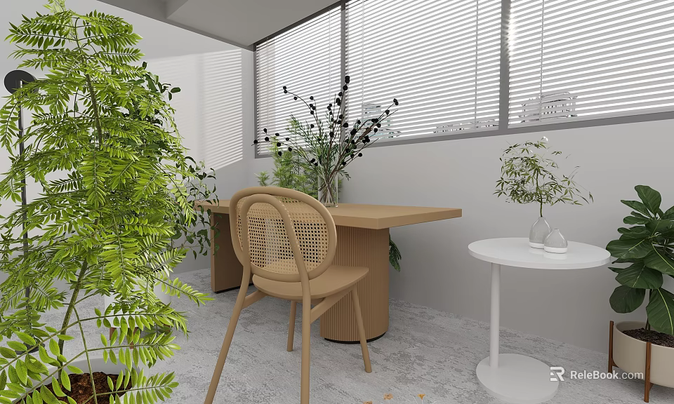 Indoor Nook With Green Plants Wooden Chair Woven Back Table Blinds White Round Side Table 3d model 