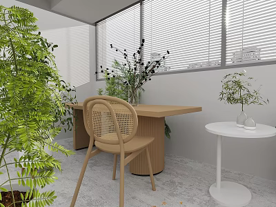 Indoor Nook With Green Plants Wooden Chair Woven Back Table Blinds White Round Side Table 3d model