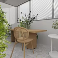 Indoor Nook With Green Plants Wooden Chair Woven Back Table Blinds White Round Side Table