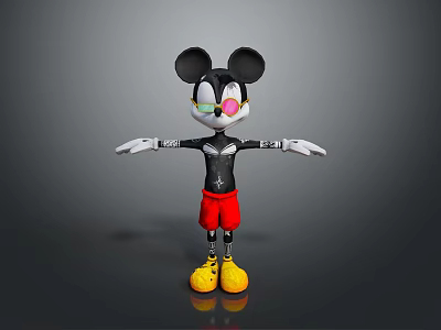 Game Movie Character With Stretched Arms Large Black Ears Red Shorts Yellow Shoes 3d model