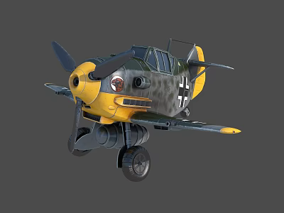 Vintage German Fighter Plane In Yellow Green With Propeller Wings And Wheels 3d model