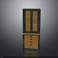 Stylish Wooden Cabinet With Upper Glass Doors Dark Frame Lower Drawers And Metal Handles