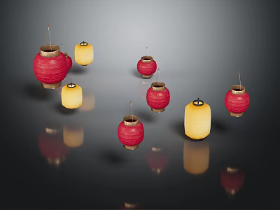 Traditional Decorative Furniture With Red And Yellow Hanging Lanterns For Home 3d model