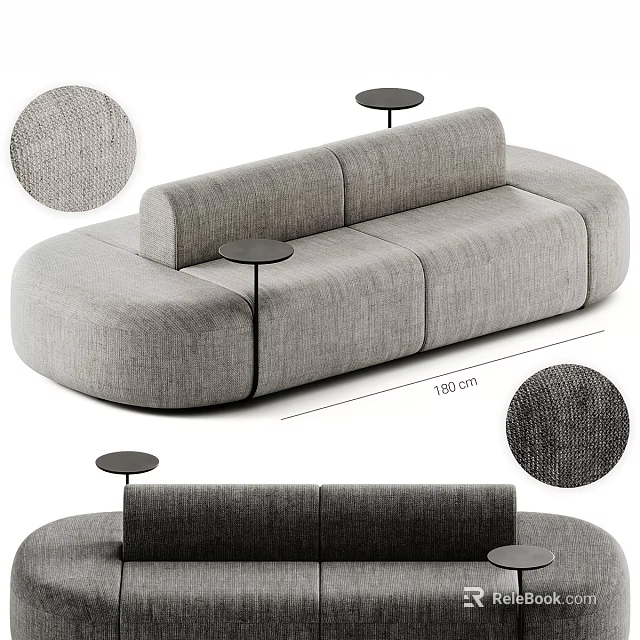 Gray Fabric Sectional Sofa with Curved Design Side Tables and 180 cm Size 3d model 
