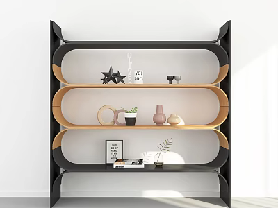 Modern Wooden And Black Shelving Unit With Decorative Vases Plants And Photo Frame 3d model