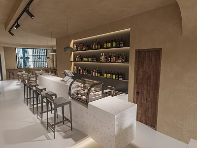 Cozy Modern Café Interior With Bar Counter Bar Stools And Wine Display Shelves 3d model