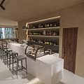 Cozy Modern Café Interior With Bar Counter Bar Stools And Wine Display Shelves
