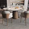 Elegant Round Dining Table Set With Marble Top Brown White Chairs Wine Cabinet Tableware 3d model