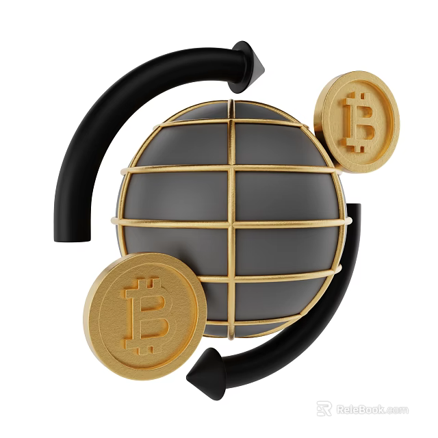 Decorative Ornament Set With Golden Bitcoin Coins Black Arrows And Grid Sphere 3d model 