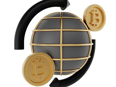 Decorative Ornament Set With Golden Bitcoin Coins Black Arrows And Grid Sphere 3d model