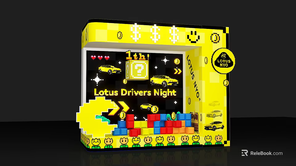 Vibrant Yellow Interactive Photo Spot With Lotus Drivers Night Theme Cars Smiley Faces And Arrows 3d model 