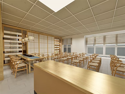 Bright Conference Room With Wooden Tables Chairs Partitions And Grid Ceiling 3d model