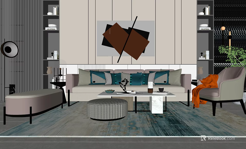 Modern Sofa Coffee Table Set With Decorative Pillows Area Rug And Wall Art 3d model