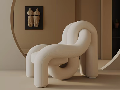 Beige Accent Chair With Curved Organic Shape In Modern Minimalist Living Room Circular Wall Art 3d model