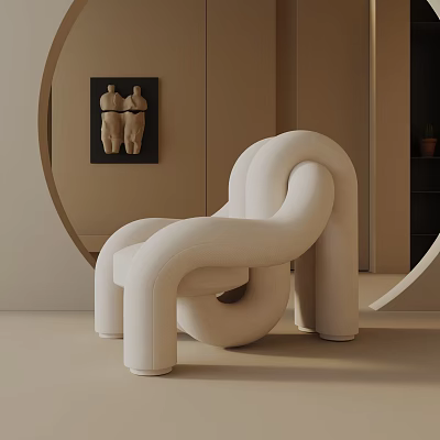Beige Accent Chair With Curved Organic Shape In Modern Minimalist Living Room Circular Wall Art 3d model