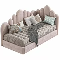 Soft Pink and Grey Kids Bed with Arched Headboard and Cozy Pillows Blankets