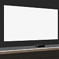 Wall mounted TV Displaying People on Gray Wall with Wooden Marble Shelf and Black Projector