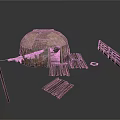 Primitive Tribal Camp Setup With Dome Shaped Tent Wooden Fence Logs And Clay Pot