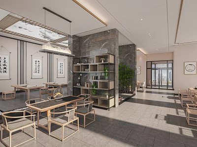 Traditional Chinese Interior Space With Wooden Tables Calligraphy Works And Green Plants 3d model