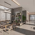 Traditional Chinese Interior Space With Wooden Tables Calligraphy Works And Green Plants