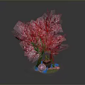 Pink Cherry Blossom Tree With Small Stone Statue On Green Grass Base