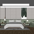 Modern Minimalist Hotel Guest Room With White Bed Green Armchair And Decorative Painting