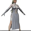 Woman In Silver Leather Dress With Deep V Neck Slit Long Gloves And Fishnet Stockings
