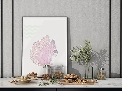Nuts Displayed on Table with Glass Jars Wooden Bowl Green Plant and Pink Squirrel Painting 3d model