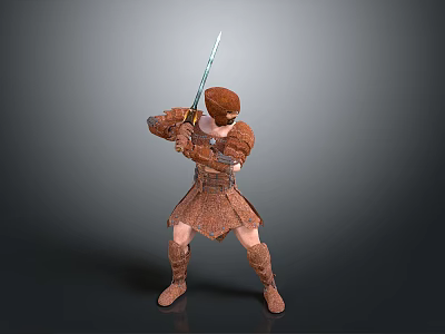 Man in Medieval Warrior Armor Holding Sword in Fighting Stance 3d model