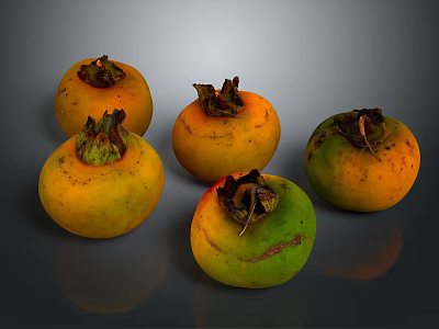 Five Fresh Persimmons With Yellow Orange And Green Hues On Dark Background 3d model