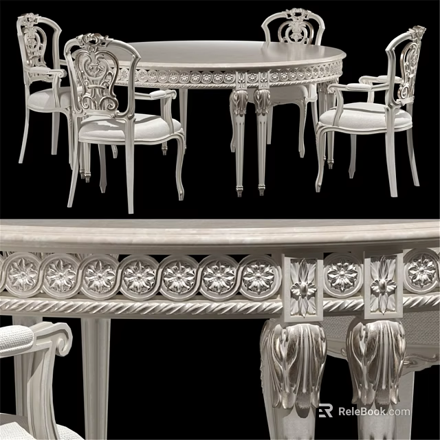 Elegant White Dining Table And Chairs With Ornate Carved Details Classic Design 3d model 