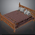 Wooden Bed with Carved Headboard Footboard Pink Mattress Floral Pattern and White Checkered Pillows