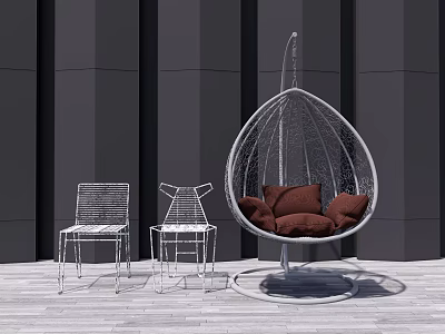 Stylish Rattan Hanging Chair With Brown Cushions And White Metal Chairs On Wooden Patio 3d model