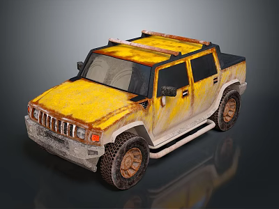 Yellow Rusty Pickup Truck With Weathered Exterior And Roof Rack On Dark Background 3d model