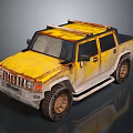 Yellow Rusty Pickup Truck With Weathered Exterior And Roof Rack On Dark Background