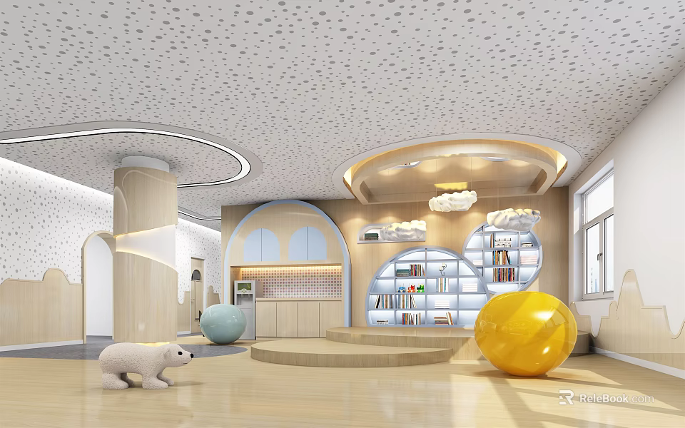 Kindergarten Interior With Circular Pillars Bookshelves Large Yellow Ball And White Polar Bear Doll 3d model 