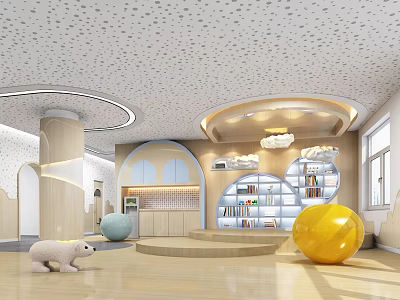 Kindergarten Interior With Circular Pillars Bookshelves Large Yellow Ball And White Polar Bear Doll 3d model