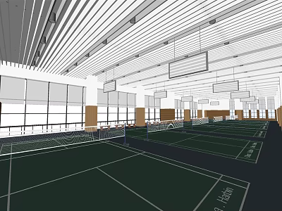 Indoor Tennis Courts For Fitness Training With Green Surfaces And Large Windows 3d model