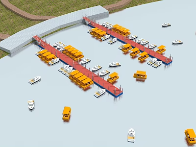 Scenic Garden Landscape With Waterfront Boardwalk Yellow Boats And Green Lawns 3d model