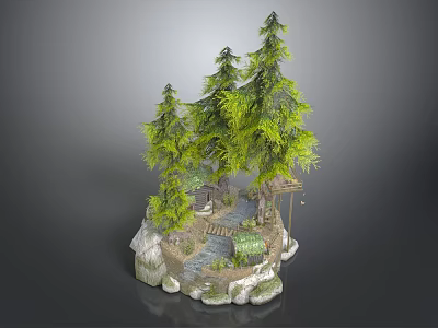 Wooden Cabin Surrounded by Tall Pine Trees and Stone Pathway in Natural Setting 3d model