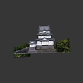 Traditional Japanese Castle with Multi Level Structure Gray Roof White Walls Surrounded By Trees Water