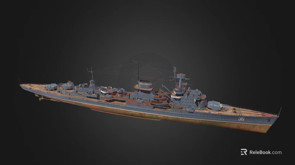 Large Warship 3D Model With Turrets Deck Structure And Gray Brown Color Scheme 3d model