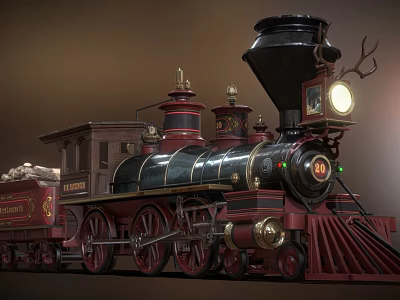 Vintage Red And Black Steam Train With Large Smokestack Headlight And Loaded Cargo Cars 3d model