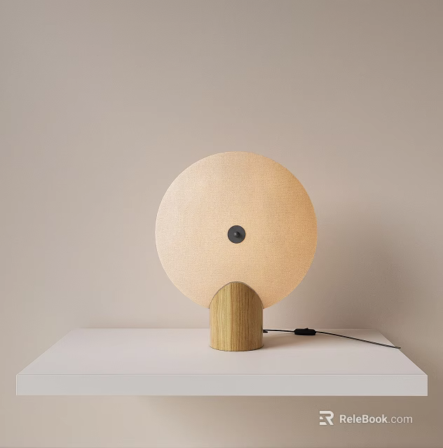Minimalist Modern Beige Round Fabric Table Lamp With Wooden Base On White Table 3d model 