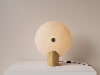 Minimalist Modern Beige Round Fabric Table Lamp With Wooden Base On White Table 3d model