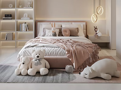 Cozy Double Bed in Modern Bedroom with Teddy Bears Decorative Pillows Hanging Lights and Bookshelves 3d model