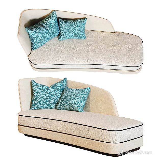 Elegant Modern Beige Upholstered Chaise Lounge With Blue Patterned Cushions 3d model