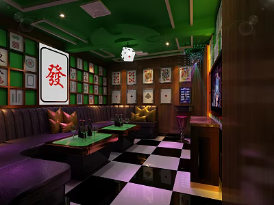 KTV Room Interior With Green Walls Purple Sofas Mahjong Decor Black White Checkered Floor 3d model