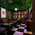 KTV Room Interior With Green Walls Purple Sofas Mahjong Decor Black White Checkered Floor